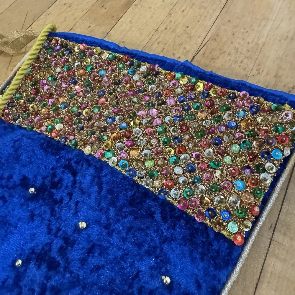 Ethereal Blue Velvet Christmas Stocking with Multicolor Sequins &‎ Gold Tassel